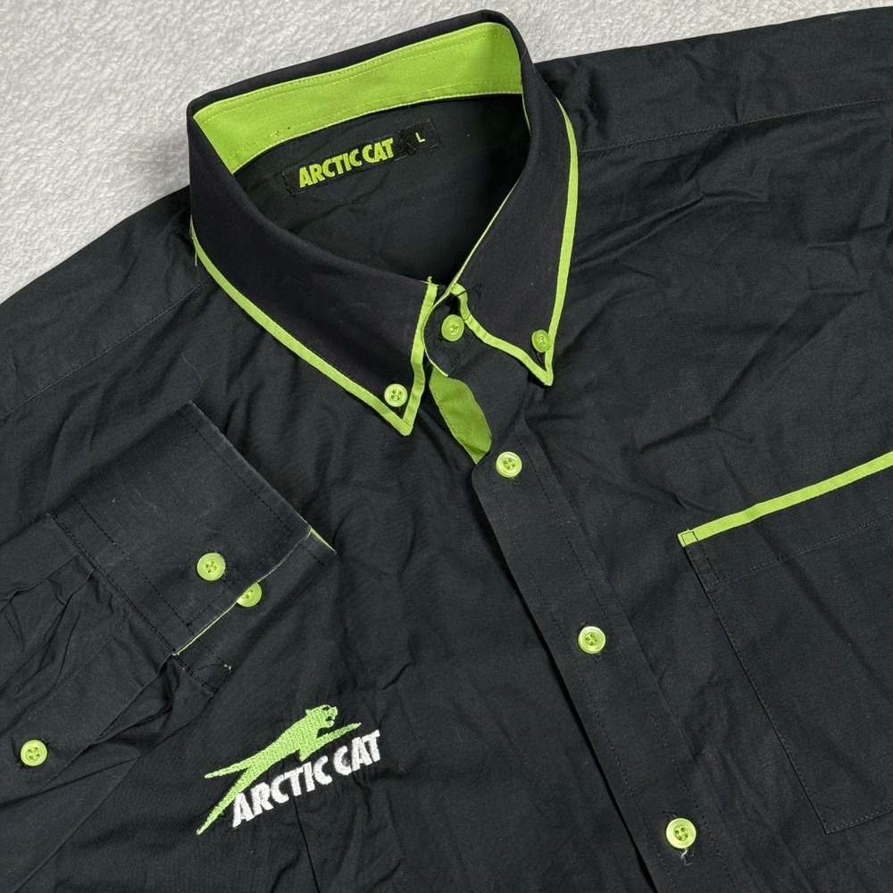 Arctic Cat Button Down Shirt Mens Large Black Lime Green Team Arctic Long Sleeve